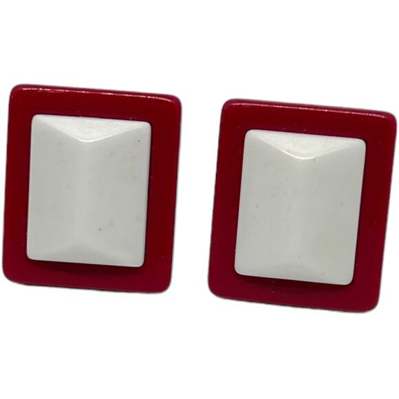 1980s Retro Raspberry Pink & White Geometric Clip-On Earrings Statement Jewelry - Picture 2 of 8